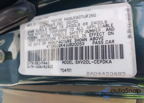 2001 Toyota Camry Ce z USA, uszkodzony, nr VIN 4T1BG22K41U820053